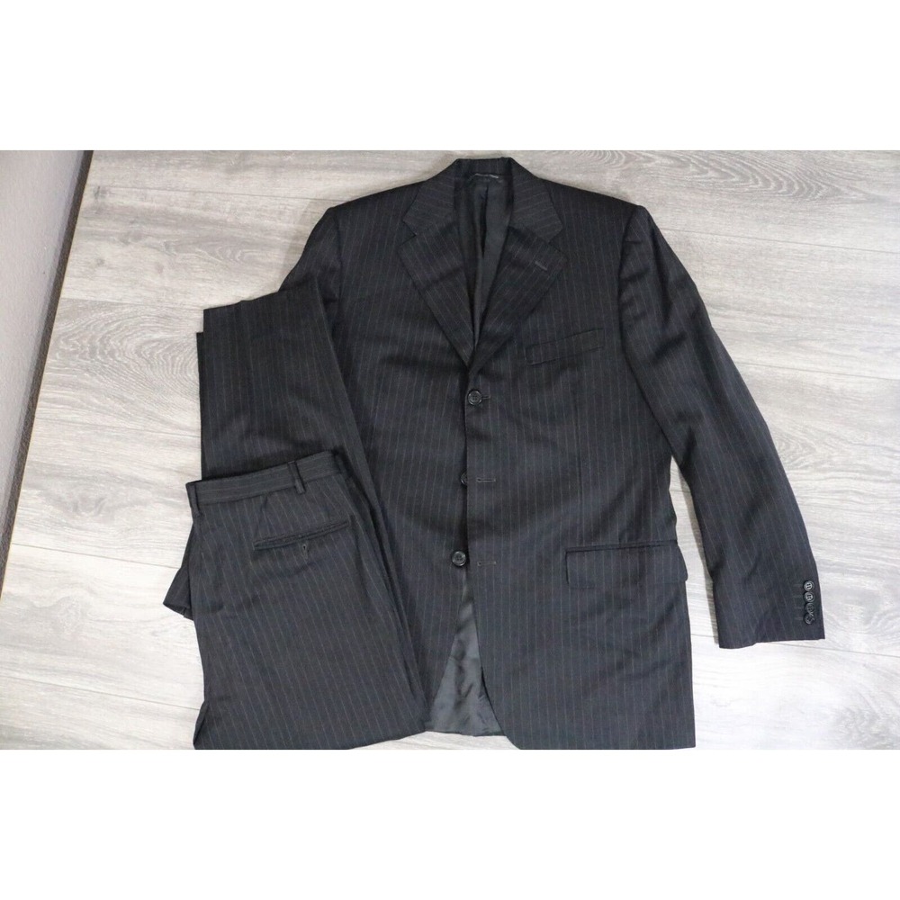 Canali Mens Pinstripe Three Button Suit Black Wool Size 52R X 36